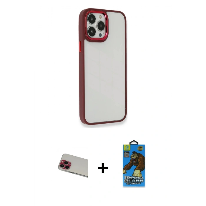 MARSİLYAN™- iPhone 13 Pro Max Kılıf Eksen Doku Prime - Siyah 18D Cam Ekran Koruyucu + Kırmızı Rainbow Kamera Lens Koruma Cam