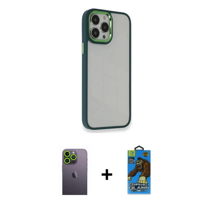 MARSİLYAN™- iPhone 13 Pro Max Kılıf Eksen Doku Prime - Siyah 18D Cam Ekran Koruyucu + Neon Fosforlu Kamera Lens - YL