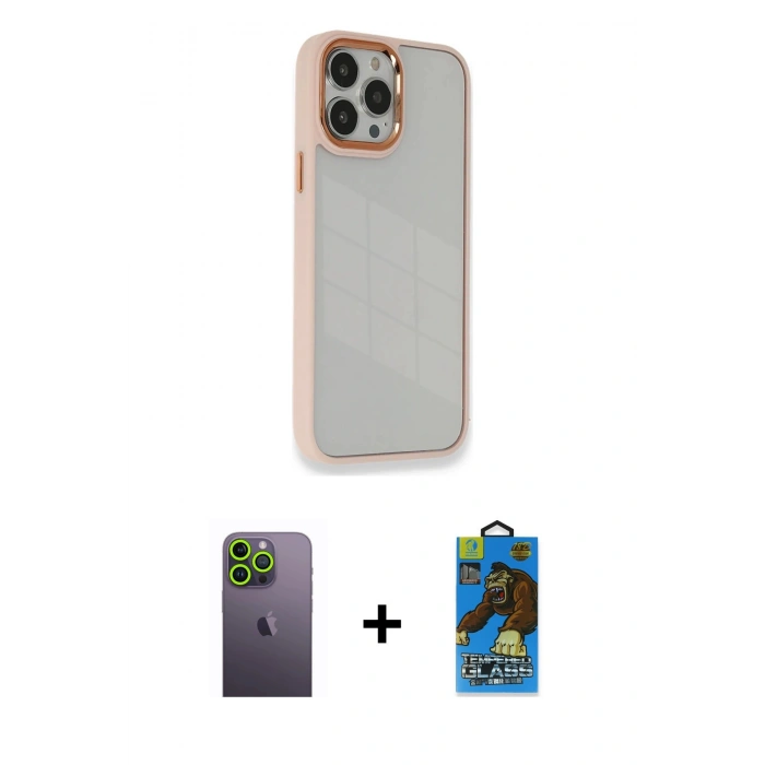 MARSİLYAN™- iPhone 13 Pro Max Kılıf Eksen Doku Prime - Siyah 18D Cam Ekran Koruyucu + Neon Fosforlu Kamera Lens - YL