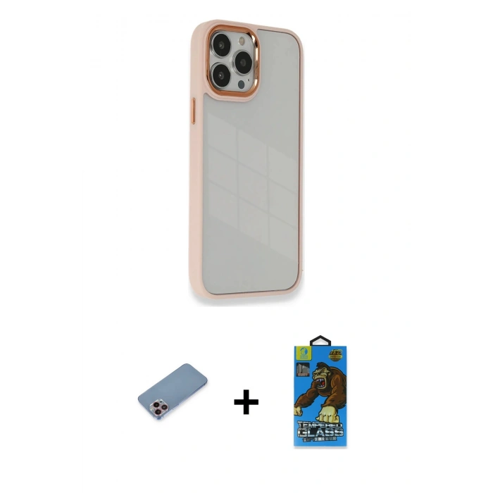 MARSİLYAN™- iPhone 13 Pro Max Kılıf Eksen Doku Prime - Siyah 18D Cam Ekran Koruyucu + Shine Kamera Lens Koruma Cam - PE
