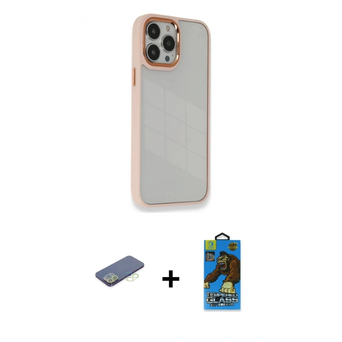 MARSİLYAN™- iPhone 13 Pro Max Kılıf Eksen Doku Prime - Siyah 18D Cam Ekran Koruyucu + Renkli Kamera Lens Koruma Cam - YL