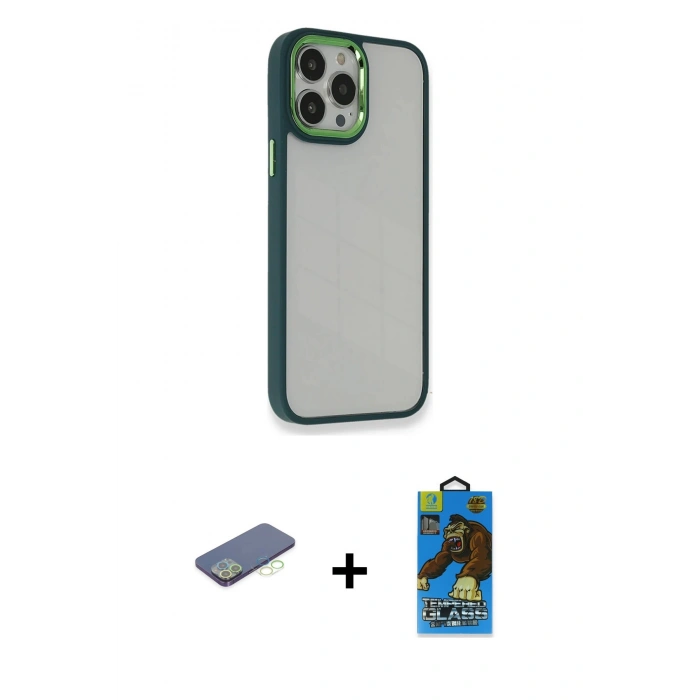 MARSİLYAN™- iPhone 13 Pro Max Kılıf Eksen Doku Prime - Siyah 18D Cam Ekran Koruyucu + Renkli Kamera Lens Koruma Cam - YL