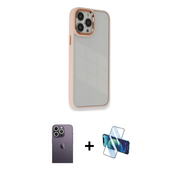 MARSİLYAN™- iPhone 13 Pro Max Kılıf Eksen Doku Prime - Siyah 3D Antistatik Cam Ekran Koruyucu + Neon Fosforlu Kamera Lens - BZ