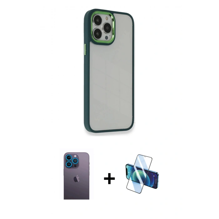 MARSİLYAN™- iPhone 13 Pro Max Kılıf Eksen Doku Prime - Siyah 3D Antistatik Cam Ekran Koruyucu + Neon Fosforlu Kamera Lens - MI