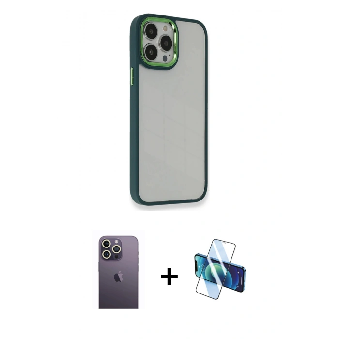 MARSİLYAN™- iPhone 13 Pro Max Kılıf Eksen Doku Prime - Siyah 3D Antistatik Cam Ekran Koruyucu + Neon Fosforlu Kamera Lens - BZ