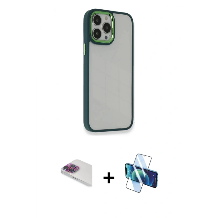 MARSİLYAN™- iPhone 13 Pro Max Kılıf Eksen Doku Prime - Siyah 3D Antistatik Cam Ekran Koruyucu + Pers Alüminyum Kamera Lens - GI