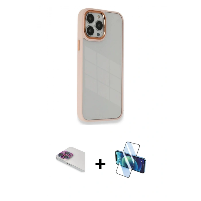 MARSİLYAN™- iPhone 13 Pro Max Kılıf Eksen Doku Prime - Siyah 3D Antistatik Cam Ekran Koruyucu + Pers Alüminyum Kamera Lens - GI