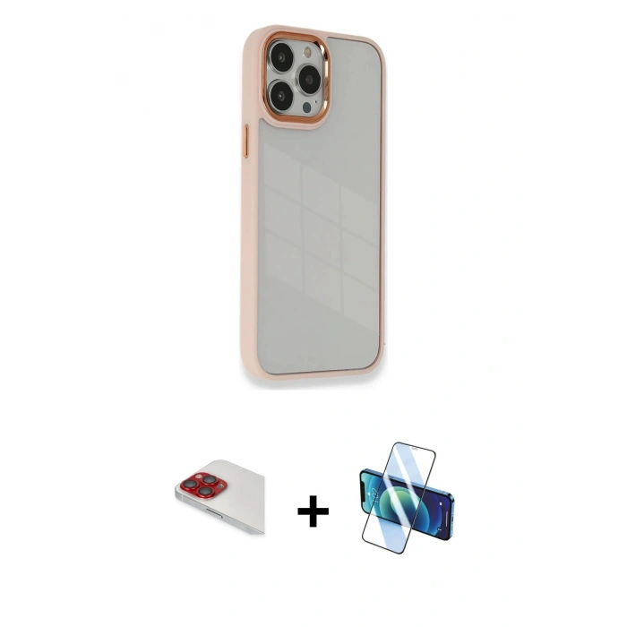 MARSİLYAN™- iPhone 13 Pro Max Kılıf Eksen Doku Prime - Siyah 3D Antistatik Cam Ekran Koruyucu + Pers Alüminyum Kamera Lens - KI
