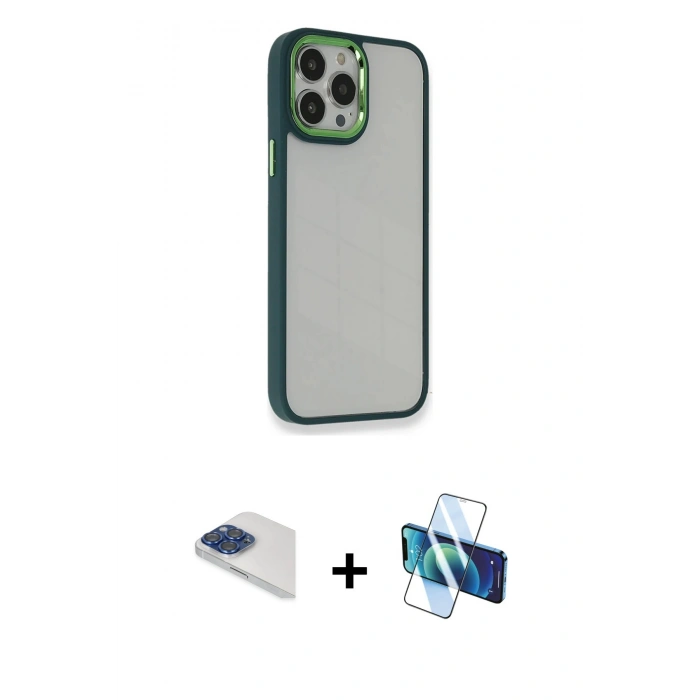 MARSİLYAN™- iPhone 13 Pro Max Kılıf Eksen Doku Prime - Siyah 3D Antistatik Cam Ekran Koruyucu + Pers Alüminyum Kamera Lens - LT