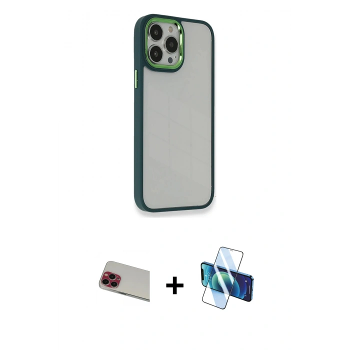 MARSİLYAN™- iPhone 13 Pro Max Kılıf Eksen Doku Prime - Siyah 3D Antistatik Cam Ekran Koruyucu + Rainbow Kamera Lens Koruma Cam - KI