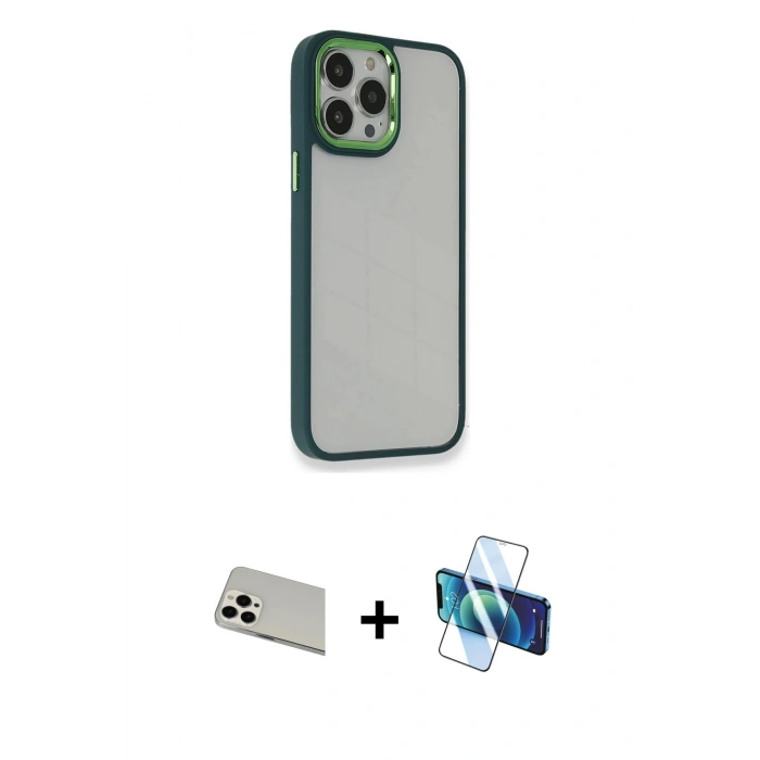MARSİLYAN™- iPhone 13 Pro Max Kılıf Eksen Doku Prime - Siyah 3D Antistatik Cam Ekran Koruyucu + Rainbow Kamera Lens Koruma Cam - BZ