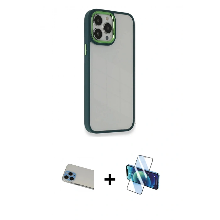MARSİLYAN™- iPhone 13 Pro Max Kılıf Eksen Doku Prime - Siyah 3D Antistatik Cam Ekran Koruyucu + Rainbow Kamera Lens Koruma Cam - MI