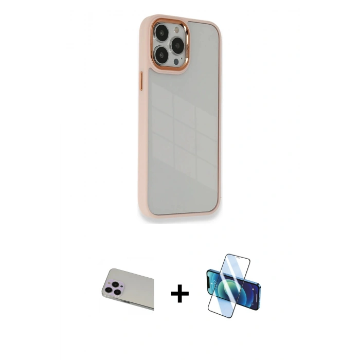 MARSİLYAN™- iPhone 13 Pro Max Kılıf Eksen Doku Prime - Siyah 3D Antistatik Cam Ekran Koruyucu + Rainbow Kamera Lens Koruma Cam - MR
