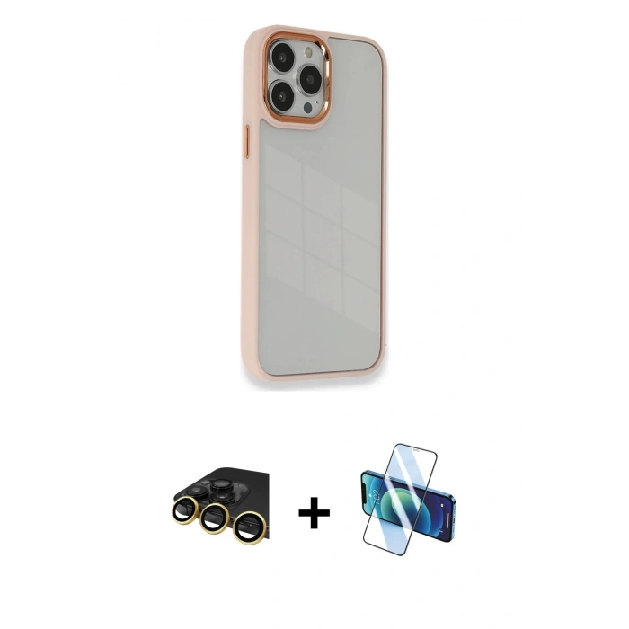 MARSİLYAN™- iPhone 13 Pro Max Kılıf Eksen Doku Prime - Siyah 3D Antistatik Cam Ekran Koruyucu + Raze Metal Kamera Lens - GD