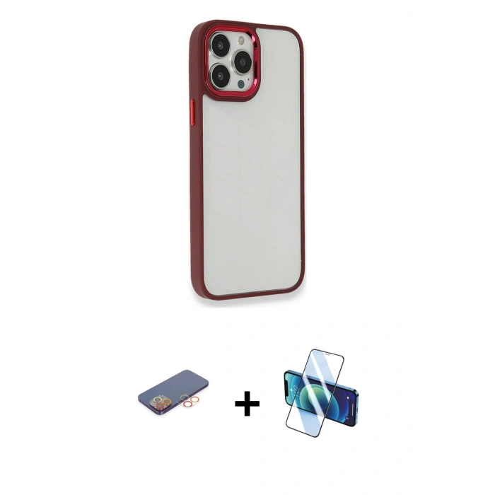 MARSİLYAN™- iPhone 13 Pro Max Kılıf Eksen Doku Prime - Siyah 3D Antistatik Cam Ekran Koruyucu + Renkli Kamera Lens Koruma Cam - TU