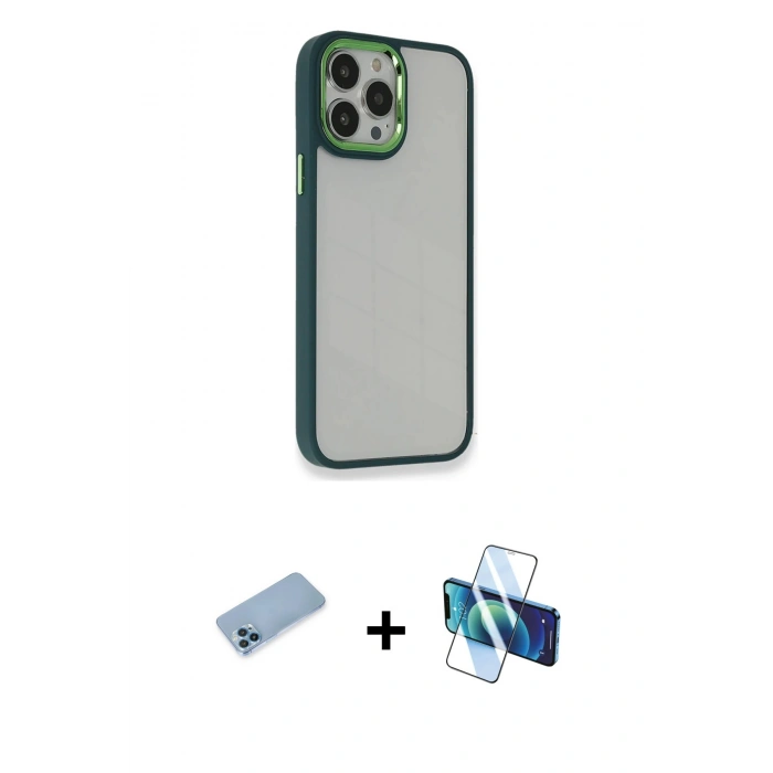 MARSİLYAN™- iPhone 13 Pro Max Kılıf Eksen Doku Prime - Siyah 3D Antistatik Cam Ekran Koruyucu + Shine Kamera Lens Koruma Cam - MI