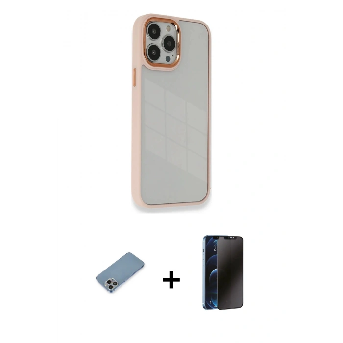 MARSİLYAN™- iPhone 13 Pro Max Kılıf Eksen Doku Prime - Siyah 3D Antistatik Hayalet Cam Ekran Koruyucu + Shine Kamera Lens Koruma Cam - GI