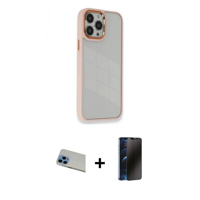 MARSİLYAN™- iPhone 13 Pro Max Kılıf Eksen Doku Prime - Siyah 3D Antistatik Hayalet Cam Ekran Koruyucu + Rainbow Kamera Lens Koruma Cam - MI