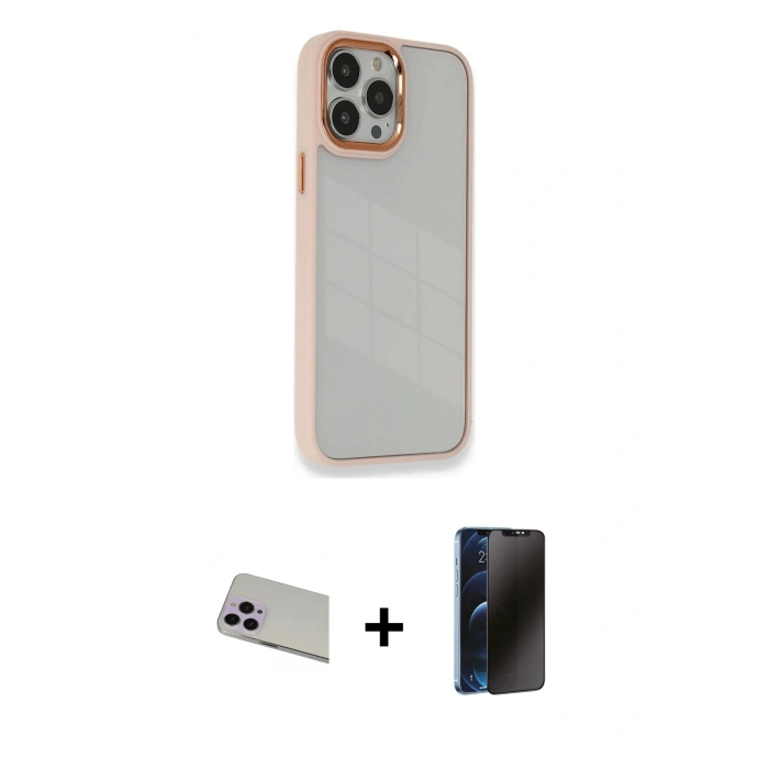 MARSİLYAN™- iPhone 13 Pro Max Kılıf Eksen Doku Prime - Siyah 3D Antistatik Hayalet Cam Ekran Koruyucu + Rainbow Kamera Lens Koruma Cam - MR