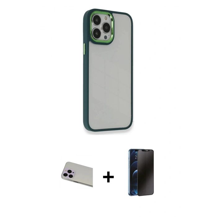 MARSİLYAN™- iPhone 13 Pro Max Kılıf Eksen Doku Prime - Siyah 3D Antistatik Hayalet Cam Ekran Koruyucu + Rainbow Kamera Lens Koruma Cam - MR