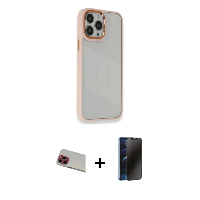 MARSİLYAN™- iPhone 13 Pro Max Kılıf Eksen Doku Prime - Siyah 3D Antistatik Hayalet Cam Ekran Koruyucu + Rainbow Kamera Lens Koruma Cam - KI