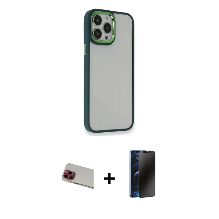 MARSİLYAN™- iPhone 13 Pro Max Kılıf Eksen Doku Prime - Siyah 3D Antistatik Hayalet Cam Ekran Koruyucu + Rainbow Kamera Lens Koruma Cam - KI
