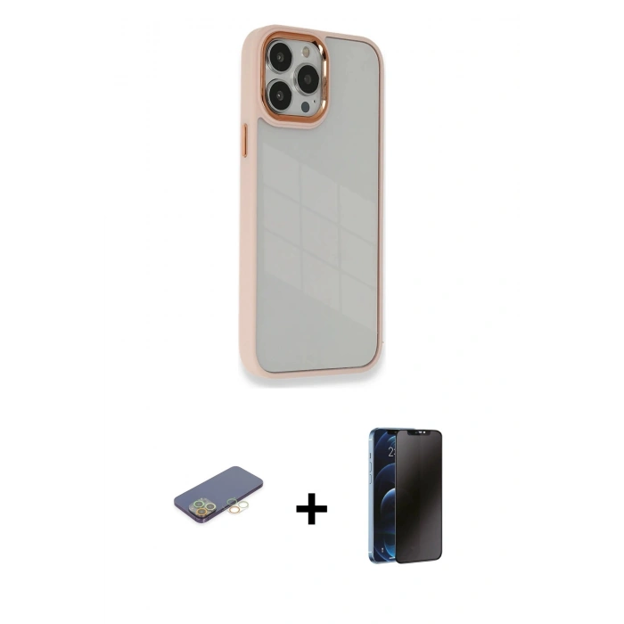MARSİLYAN™- iPhone 13 Pro Max Kılıf Eksen Doku Prime - Siyah 3D Antistatik Hayalet Cam Ekran Koruyucu + Renkli Kamera Lens Koruma Cam - SI