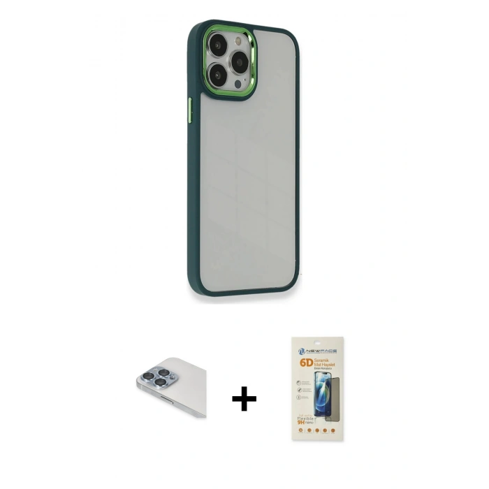 MARSİLYAN™- iPhone 13 Pro Max Kılıf Eksen Doku Prime - Siyah 6D Mat Seramik Hayalet Nano Ekran Koruyucu + Pers Alüminyum Kamera Lens - SABE
