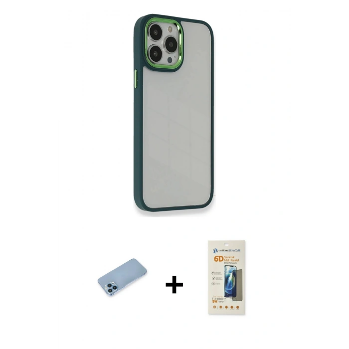 MARSİLYAN™- iPhone 13 Pro Max Kılıf Eksen Doku Prime - Siyah 6D Mat Seramik Hayalet Nano Ekran Koruyucu + Shine Kamera Lens Koruma Cam - MI