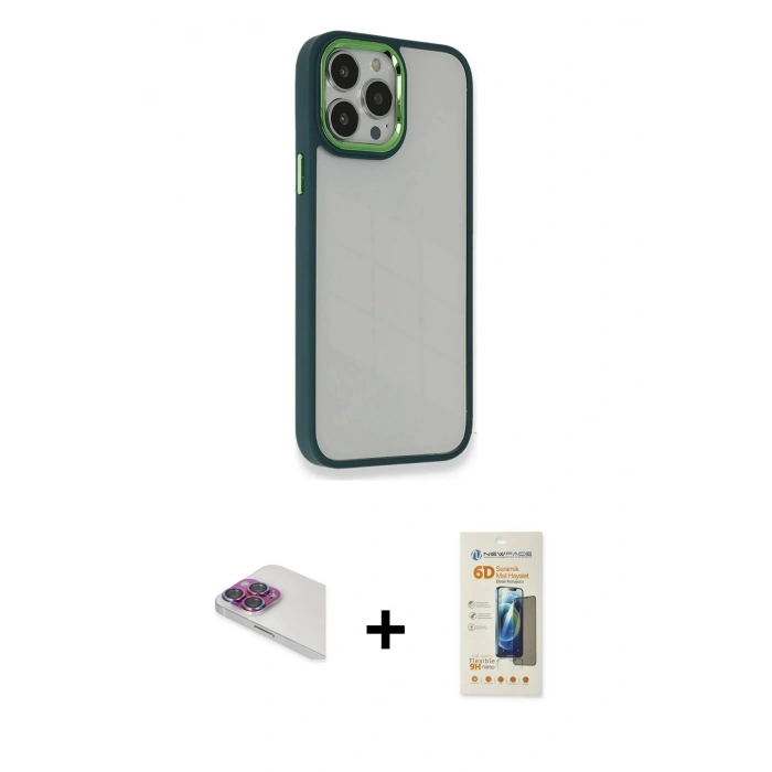 MARSİLYAN™- iPhone 13 Pro Max Kılıf Eksen Doku Prime - Siyah 6D Mat Seramik Hayalet Nano Ekran Koruyucu + Pers Alüminyum Kamera Lens - GI