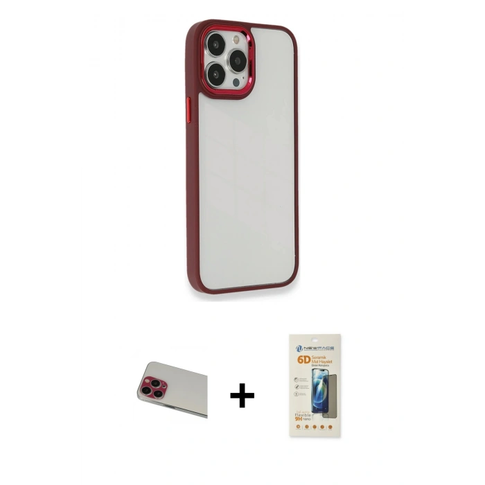 MARSİLYAN™- iPhone 13 Pro Max Kılıf Eksen Doku Prime - Siyah 6D Mat Seramik Hayalet Nano Ekran Koruyucu + Rainbow Kamera Lens Koruma Cam - KI