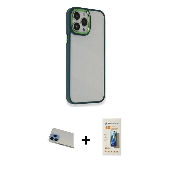 MARSİLYAN™- iPhone 13 Pro Max Kılıf Eksen Doku Prime - Siyah 6D Mat Seramik Hayalet Nano Ekran Koruyucu + Rainbow Kamera Lens Koruma Cam - MI