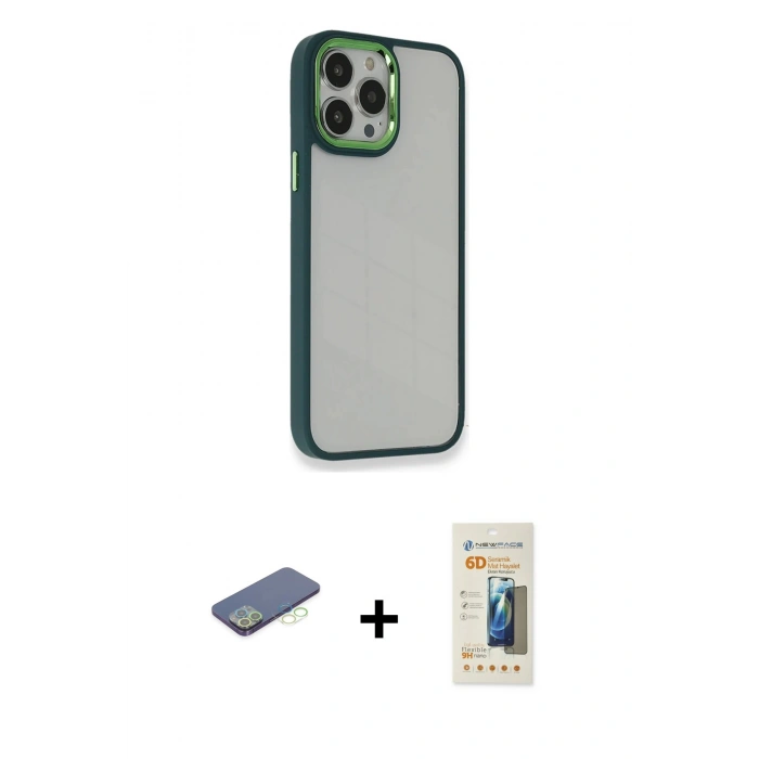 MARSİLYAN™- iPhone 13 Pro Max Kılıf Eksen Doku Prime - Siyah 6D Mat Seramik Hayalet Nano Ekran Koruyucu + Renkli Kamera Lens Koruma Cam - YL
