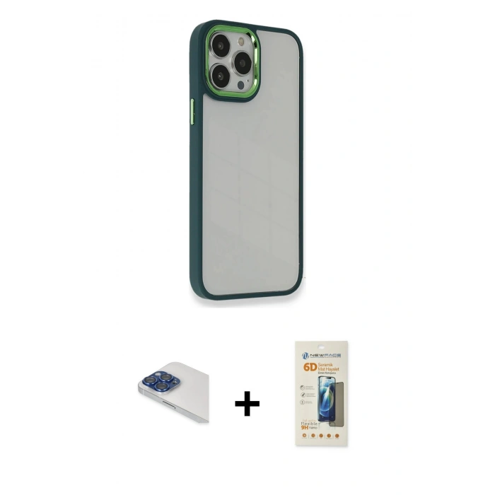 MARSİLYAN™- iPhone 13 Pro Max Kılıf Eksen Doku Prime - Siyah 6D Mat Seramik Hayalet Nano Ekran Koruyucu + Pers Alüminyum Kamera Lens - LT