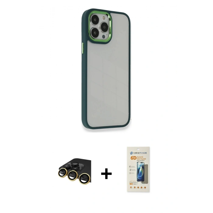 MARSİLYAN™- iPhone 13 Pro Max Kılıf Eksen Doku Prime - Siyah 6D Mat Seramik Hayalet Nano Ekran Koruyucu + Raze Metal Kamera Lens - GD