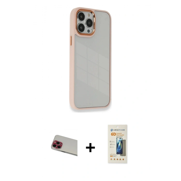 MARSİLYAN™- iPhone 13 Pro Max Kılıf Eksen Doku Prime - Siyah 6D Mat Seramik Hayalet Nano Ekran Koruyucu + Rainbow Kamera Lens Koruma Cam - KI