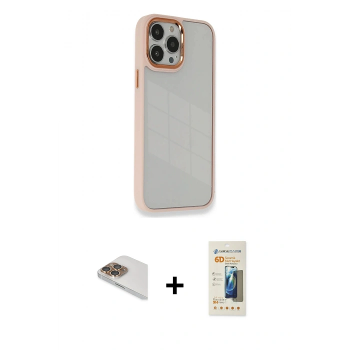 MARSİLYAN™- iPhone 13 Pro Max Kılıf Eksen Doku Prime - Siyah 6D Mat Seramik Hayalet Nano Ekran Koruyucu + Pers Alüminyum Kamera Lens - GD