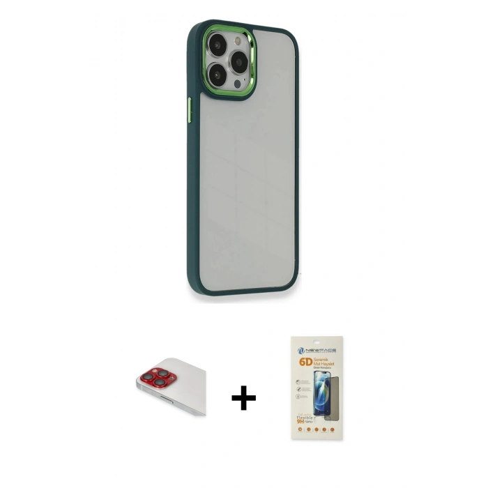 MARSİLYAN™- iPhone 13 Pro Max Kılıf Eksen Doku Prime - Siyah 6D Mat Seramik Hayalet Nano Ekran Koruyucu + Pers Alüminyum Kamera Lens - KI
