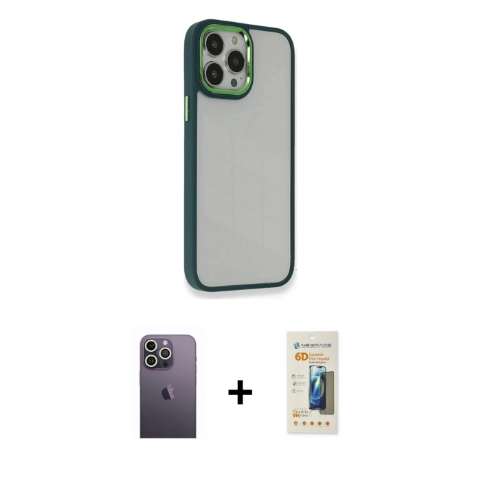 MARSİLYAN™- iPhone 13 Pro Max Kılıf Eksen Doku Prime - Siyah 6D Mat Seramik Hayalet Nano Ekran Koruyucu + Beyaz Neon Fosforlu Kamera Lens