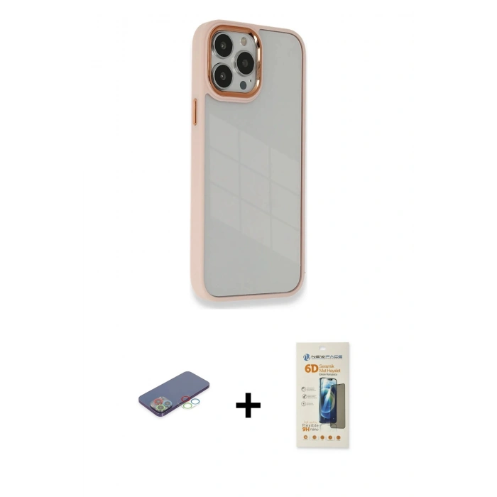 MARSİLYAN™- iPhone 13 Pro Max Kılıf Eksen Doku Prime - Siyah 6D Mat Seramik Hayalet Nano Ekran Koruyucu + Mavi Renkli Kamera Lens Koruma Cam