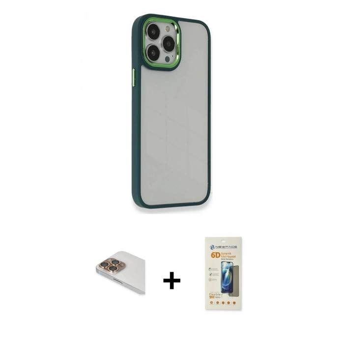 MARSİLYAN™- iPhone 13 Pro Max Kılıf Eksen Doku Prime - Siyah 6D Mat Seramik Hayalet Nano Ekran Koruyucu + Pers Alüminyum Kamera Lens - GD