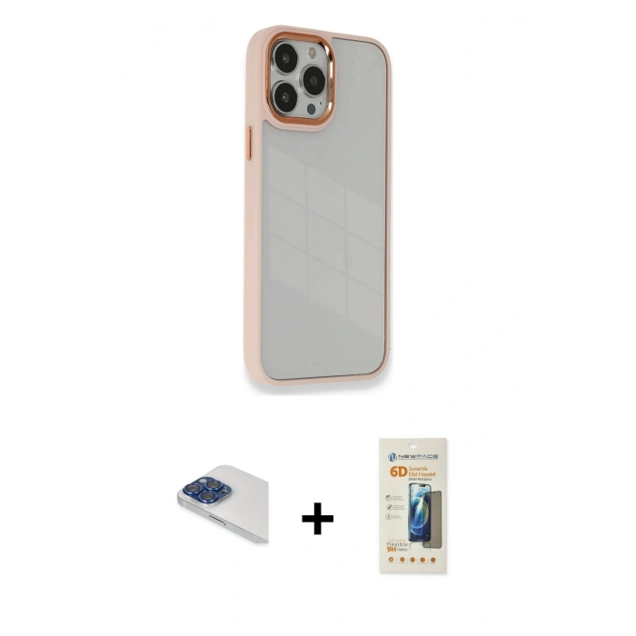 MARSİLYAN™- iPhone 13 Pro Max Kılıf Eksen Doku Prime - Siyah 6D Mat Seramik Hayalet Nano Ekran Koruyucu + Pers Alüminyum Kamera Lens - LT