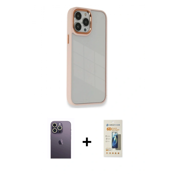 MARSİLYAN™- iPhone 13 Pro Max Kılıf Eksen Doku Prime - Siyah 6D Mat Seramik Hayalet Nano Ekran Koruyucu + Beyaz Neon Fosforlu Kamera Lens