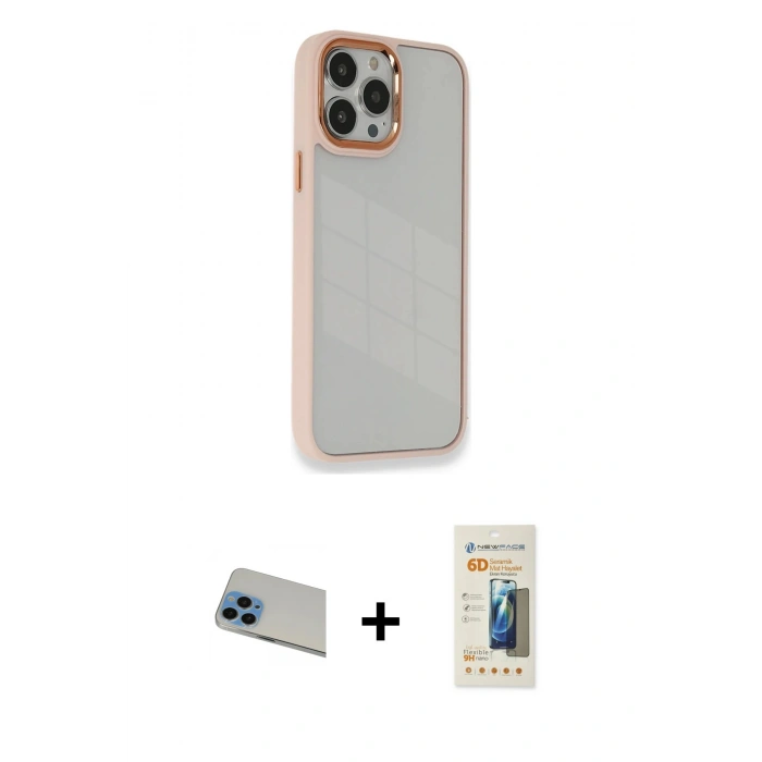 MARSİLYAN™- iPhone 13 Pro Max Kılıf Eksen Doku Prime - Siyah 6D Mat Seramik Hayalet Nano Ekran Koruyucu + Rainbow Kamera Lens Koruma Cam - MI