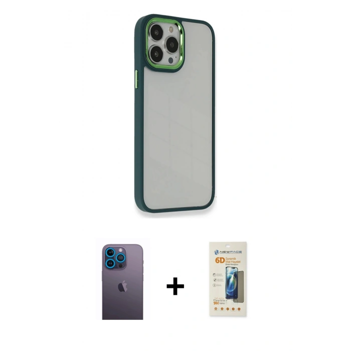 MARSİLYAN™- iPhone 13 Pro Max Kılıf Eksen Doku Prime - Siyah 6D Mat Seramik Hayalet Nano Ekran Koruyucu + Neon Fosforlu Kamera Lens - MI