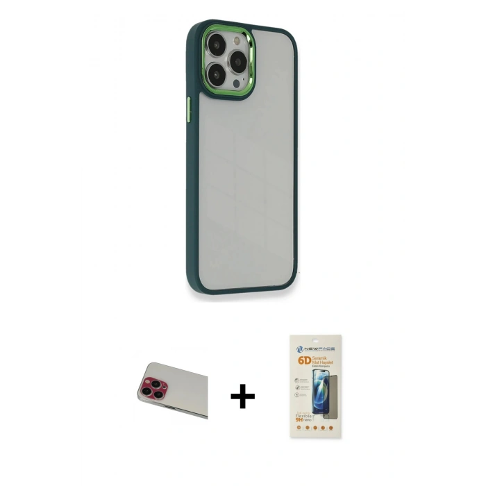 MARSİLYAN™- iPhone 13 Pro Max Kılıf Eksen Doku Prime - Siyah 6D Mat Seramik Hayalet Nano Ekran Koruyucu + Rainbow Kamera Lens Koruma Cam - KI
