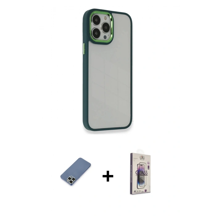 MARSİLYAN™- iPhone 13 Pro Max Kılıf Eksen Doku Prime - Siyah Bilvis 3D Cam Ekran Koruyucu + Açık Yeşil Metal Kamera Lens Koruma Cam