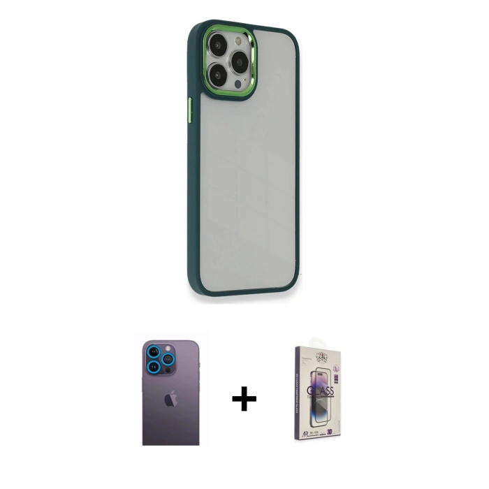 MARSİLYAN™- iPhone 13 Pro Max Kılıf Eksen Doku Prime - Siyah Bilvis 3D Cam Ekran Koruyucu + Mavi Neon Fosforlu Kamera Lens