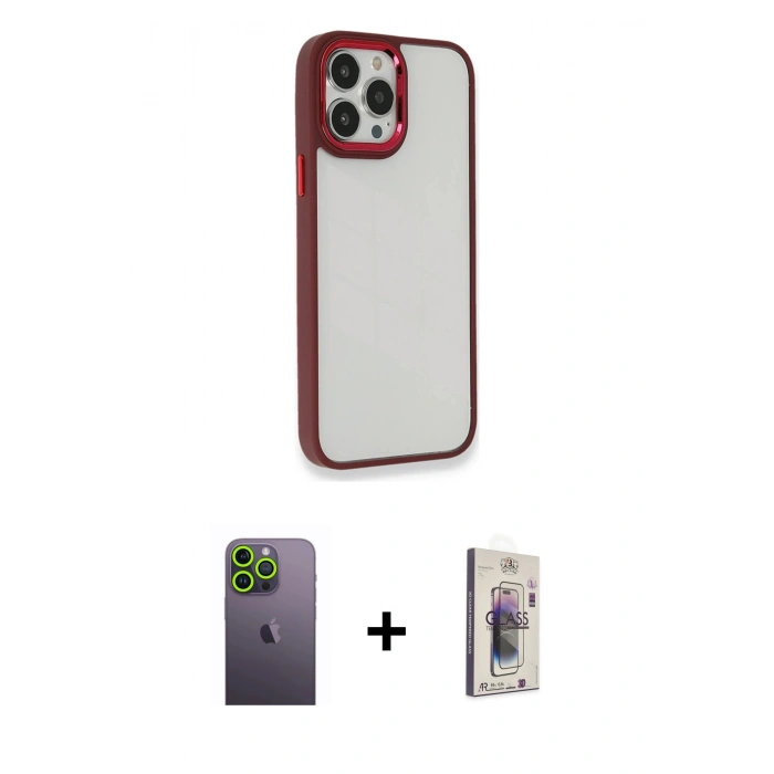 MARSİLYAN™- iPhone 13 Pro Max Kılıf Eksen Doku Prime - Siyah Bilvis 3D Cam Ekran Koruyucu + Neon Fosforlu Kamera Lens - YL
