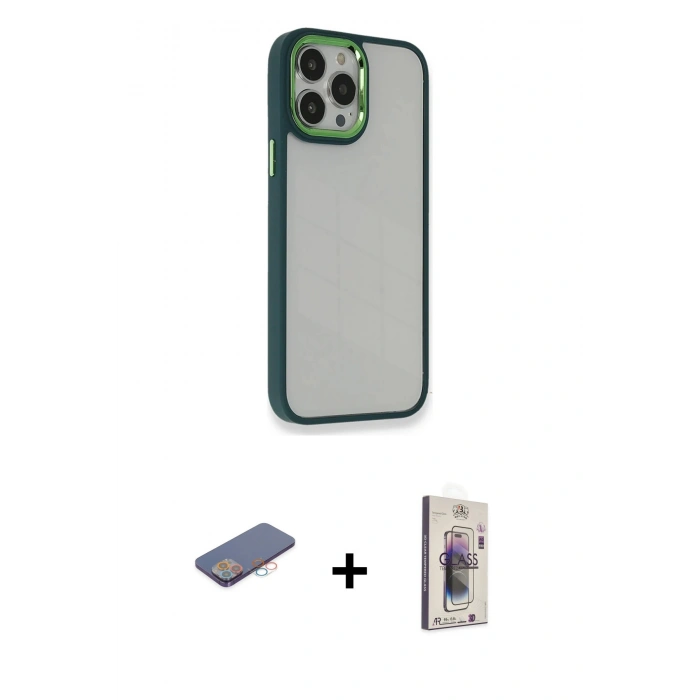 MARSİLYAN™- iPhone 13 Pro Max Kılıf Eksen Doku Prime - Siyah Bilvis 3D Cam Ekran Koruyucu + Pembe Renkli Kamera Lens Koruma Cam